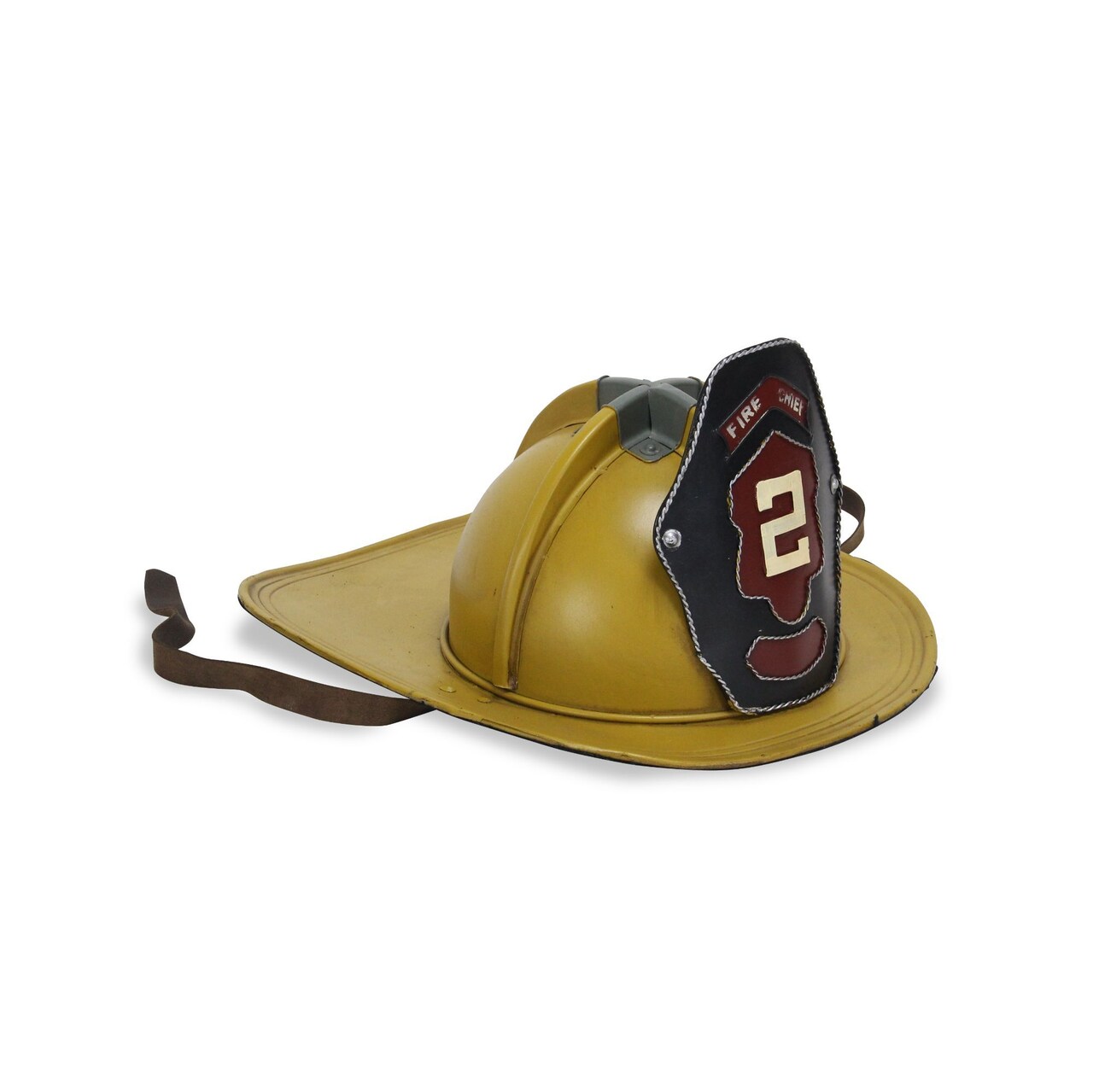 Contemporary Home Living 14.75" Yellow and Black Fire Chief Helmet with Chin Straps Tabletop Decoration